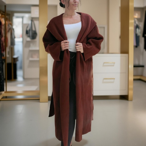 NWT 90% Wool Elegant Hooded Rust Red/Brown Belted Oversize Coat - Picture 3 of 9